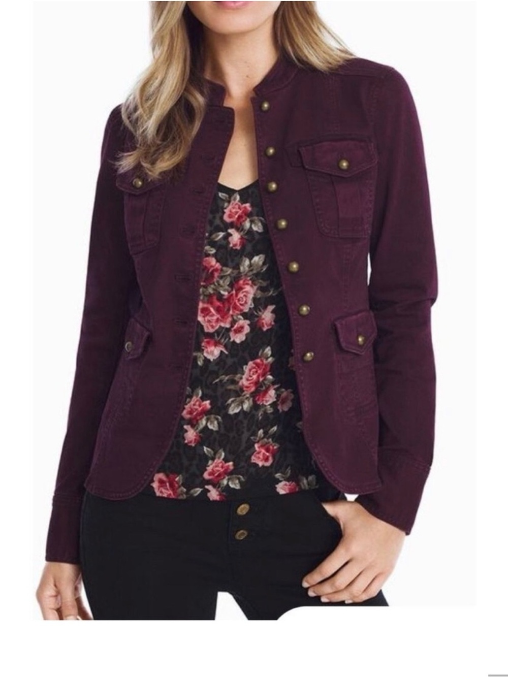 White House black market Women's Military-Style Button Jacket  Cabernet